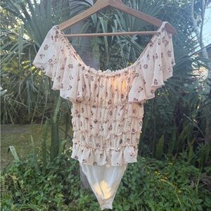 Free People Cream Floral Ruffle Bodysuit